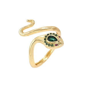 Elegant gold plated copper snake open ring with green zircon stones on white background