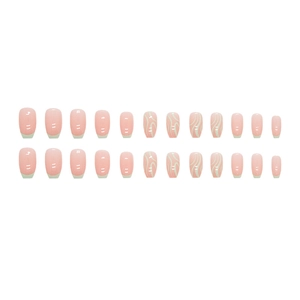 Short ballet ballerina press-on nails with pink base and green french wavy line design