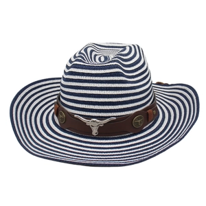 Détail d'un chapeau de cowboy en paille rayé bleu et blanc avec logo tête de taureau