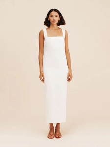 Front view of a minimalist white square neck sleeveless maxi dress in cotton linen fabric