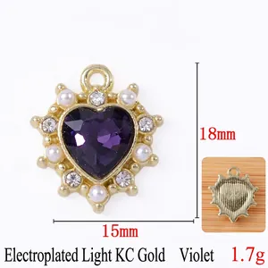 Baroque style heart crystal pendant with pearls and rhinestones in purple and KC gold