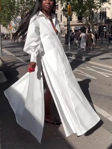 Robe chemise longue blanche élégante à manches longues avec fentes latérales pour femmes
