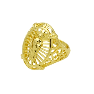 Detail of gold-plated open heart ring featuring hollowed patterns and an embossed figure