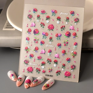 5D Embossed Nail Art Stickers Red Rose Floral Relief Waterproof Adhesive Decals DIY Manicure Decorations For Women