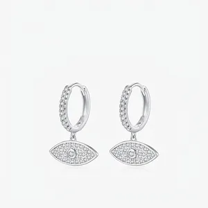 Evil Eye Drop Hoop Earrings 925 Sterling Silver Shiny Clear Zircon Pave Elegant Jewelry For Women