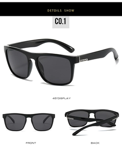 Detail view showing front, back, and 45-degree angles of black polarized sunglasses