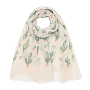 Detail of soft cream scarf with green cactus prints and orange pots with fringe edges
