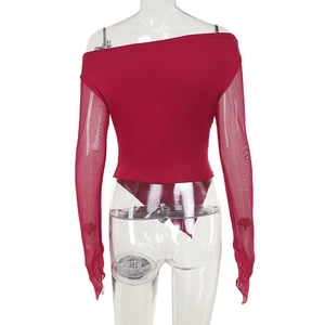 Rear view of red off-shoulder bodysuit with elegant mesh sleeves on transparent mannequin