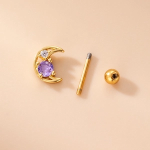 Golden moon ear stud with purple cubic zirconia and stainless steel screw ball back