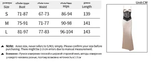 Size guide table for elegant beige evening dress with black lace detailing