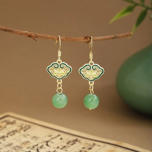 Close-up of long tassel earrings with green jade beads and gold lotus enamel details