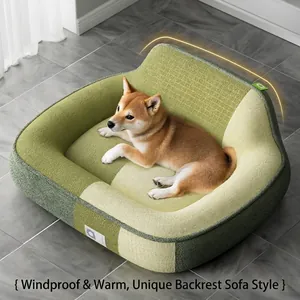Green pet sofa bed with high backrest featuring breathable honeycomb fabric and soft fleece