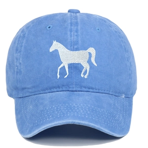 Detail of horse silhouette embroidery on light blue washed cotton baseball cap