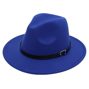 Detail view of royal blue wool fedora hat featuring black leather band and silver buckle