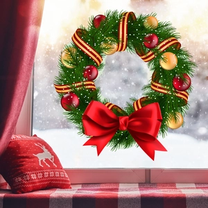 Détail d'une couronne de Noël avec rubans rouges et boules dorées sur la fenêtre