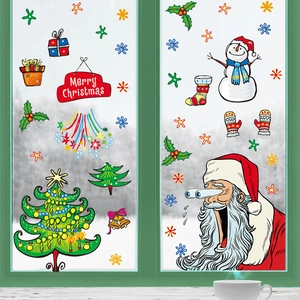 Christmas window stickers set featuring Santa, snowman, and snowflakes on glass