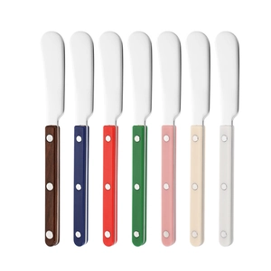 7-piece colorful 304 stainless steel butter knives with ABS rivet handles on white background