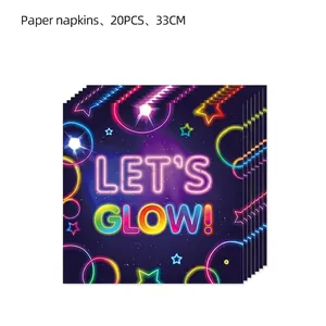 Set di tovaglioli di carta neon con scritta LET'S GLOW e stelle colorate per feste