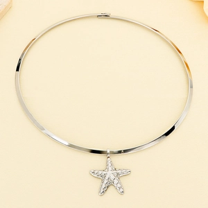 Detailed view of silver stainless steel choker featuring a textured starfish pendant