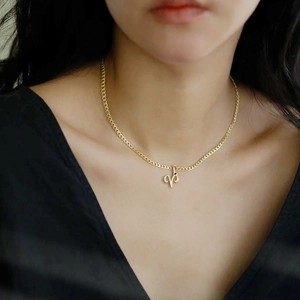 Detailed shot of a gold Aries zodiac symbol pendant on a stainless steel curb chain necklace
