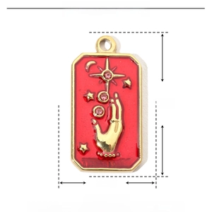 Detail showing red enamel Tarot star pendant with dimensions 25mm x 13mm and 4.4g weight