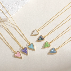 Golden heart necklaces with colorful shell mosaic and crystals in six vibrant shades