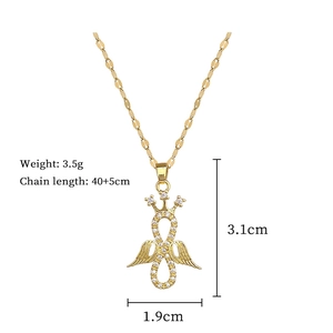 Detailed view of angel wing necklace with crown and infinity design plus size specs
