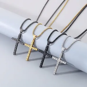 Collier Pendentif Croix Acier Inoxydable Vintage Texture Épi De Blé Hip Hop Bijoux Personnalisés Pour Hommes