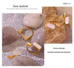 Macro detail of 18K gold plated ring with white shell inlay on natural stone base