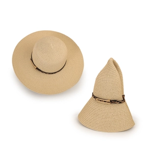 Beige wide brim straw sun hat with leopard print belt buckle and foldable design