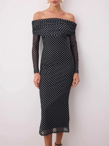Off Shoulder Polka Dot Mesh Dress Long Sleeve Ruched Slim Fit Elegant Evening Party Maxi Bodycon Streetwear For Women