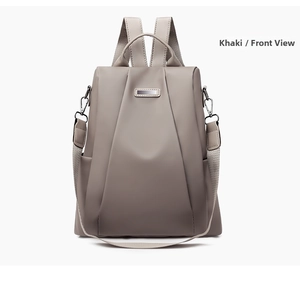 Front view of khaki waterproof oxford backpack with silver logo and versatile straps