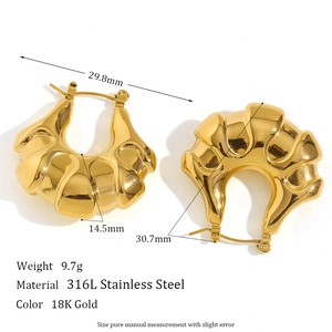 Polished 18K gold plated stainless steel hollow hoop earrings with wave texture