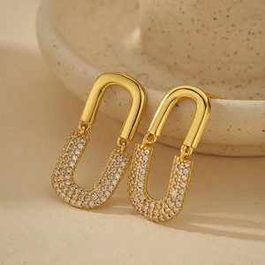 925 Sterling Silver U Shaped Earrings 18K Gold Plated White Zircon Geometric Oval Link Jewelry For Women