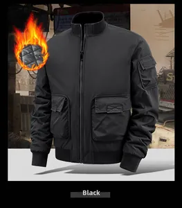 Detail of men's black tactical bomber jacket featuring quilted lining and windproof fabric