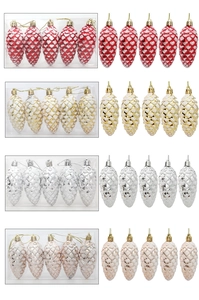Detail of glittery Christmas pine cone ornaments in red, gold, silver and pink colors