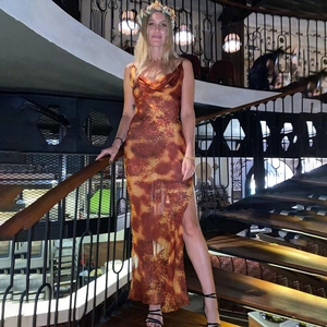 Robe longue chic dos nu à imprimé léopard avec fente haute pour femme dans un décor vintage