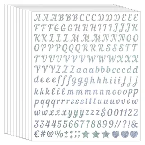 Macro view of 0.5-inch silver glitter alphabet stickers set with numbers and symbols