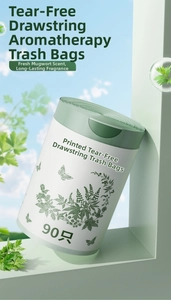 Detail showing high-capacity drawstring garbage bags with printed wormwood scent design