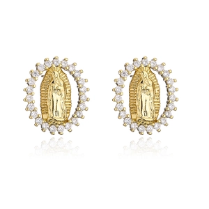 18K gold plated religious stud earrings with Guadalupe relief and zircon halo