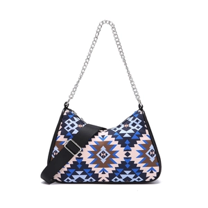 Detail of bohemian geometric pattern nylon shoulder bag with silver chain and wide strap