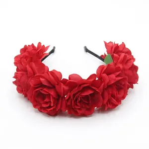 Floral headband featuring vibrant red silk roses on a black base for bridal hair styling