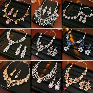 Zircon Water Drop Jewelry Set Vintage Palace Style Pendant Necklace And Earrings With Silver Earring Post Copper Alloy