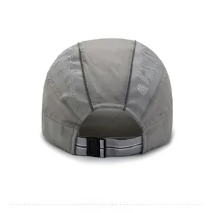 Detail view of the gray breathable mesh sun hat with an adjustable buckle and strap