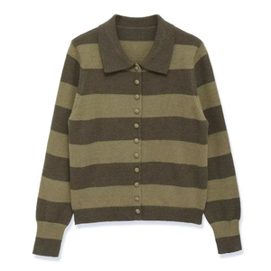 Olive green and dark brown striped knit polo shirt with classic collar and buttons