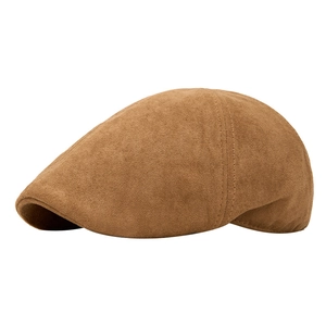 Retro brown suede beret hat with detailed stitching and a warm caramel finish