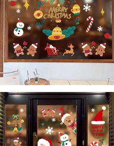 Detailed view of Santa and reindeer decals on glass window with Merry Christmas text
