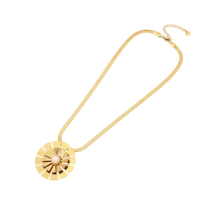 Golden snake chain necklace with large sunburst round pendant and central pearl