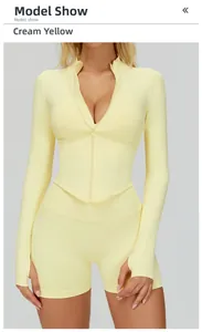 Veste de yoga jaune crème avec passants de pouce et col montant sport femme