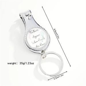 Compact 2-in-1 nail clipper keychain with angel quote engraving and dimension markings